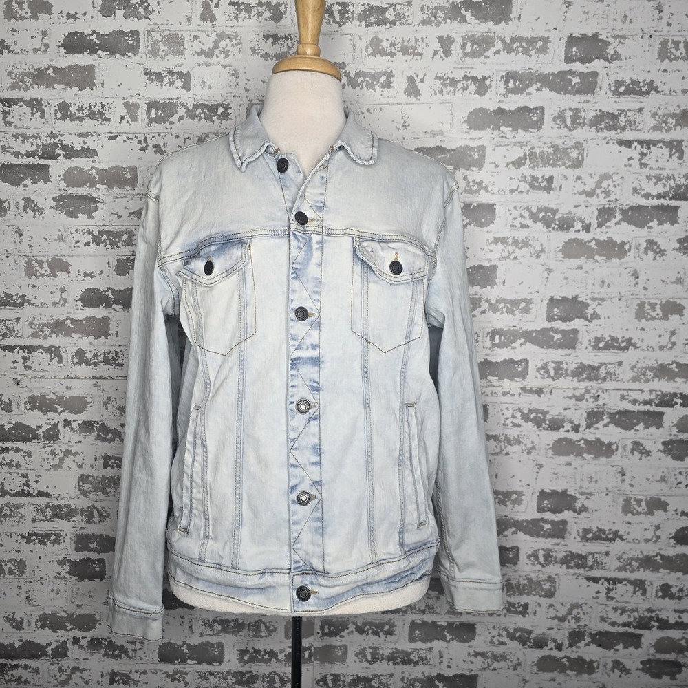 American Eagle Denim Jacket Mens XL Light Blue Wash Cotton Stretch Jean Button‎